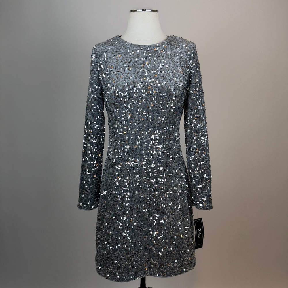 NWT MSK Silver Sequin Long Sleeve Mini Dress Womens Large Cocktail New Years NYE
